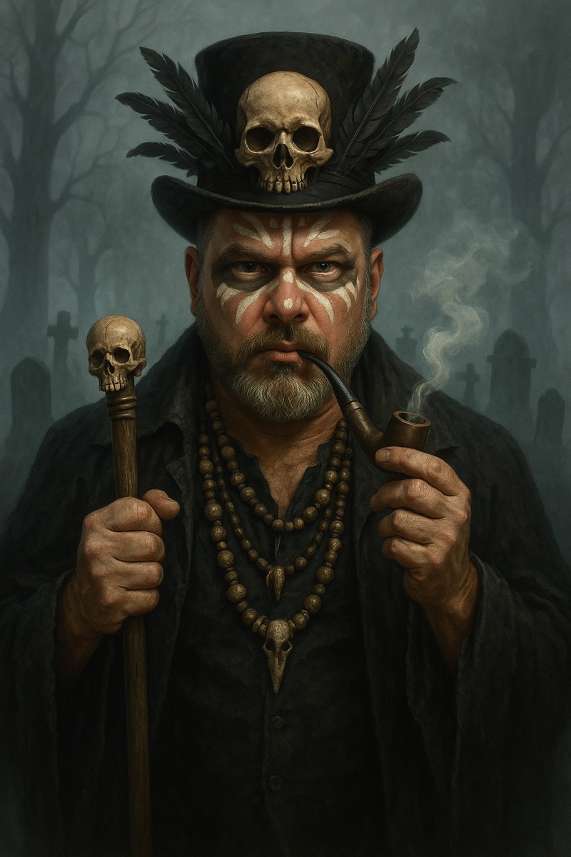 The Captain Chronicler — skull-crowned top hat, pipe in hand, in a fog-bound graveyard